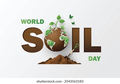 World Soil Day. as a globe featuring green plants. A shovel is embedded in a soil mound, with green butterflies around it. 