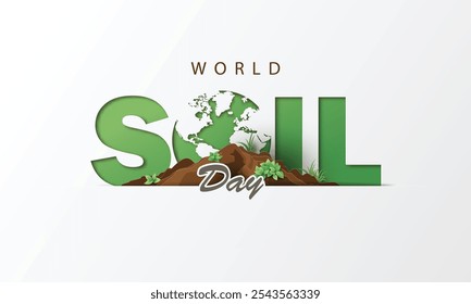  "Día Mundial del Suelo" con "SUELO" en letras verdes. La "O" tiene un mapa global, y un montículo de suelo con plantas crece frente a la palabra "Día", enfatizando la conservación de la naturaleza y el suelo.