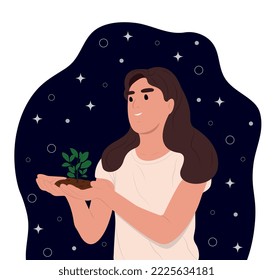 World Soil Day is held annually on December 5. The girl is holding a green plant in her hands. Forest restoration, reforestation planting trees, environment day.