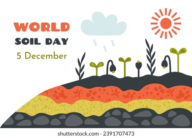 World soil day. Natural soil, sand, clay, stones, minerals, plants, flowers. Nture banner. Various Ground cross sections. Rain and sunshine favourable for fertile soil. Vector cartoon illustration