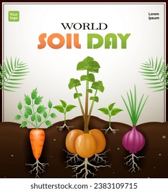 World Soil Day. Onions, carrots and potatoes planted in soil, the importance of healthy soil. 3d vector suitable for earth day, green world, events, agriculture, business and education