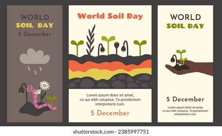 Día mundial del suelo. Conjunto de carteles de protección ambiental. Mano de los humanos negros sosteniendo Manos de tierra con brotes recién hechos. Diversas capas cruzadas de suelo. С lombrices de tierra rosas limpian el suelo. Vector