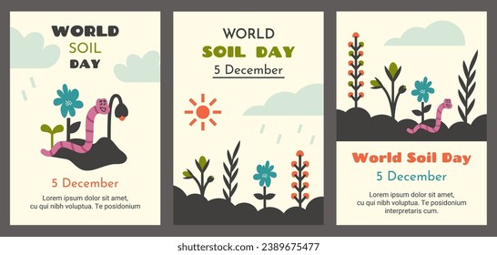 World soil day. Set of environmental protection flyers, posters. Colorful cartoon plants, flowers, cute pink earthworm crawling in ground and cleaning soil. Vector illustration for banner, poster