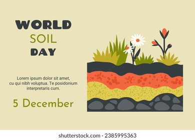 World soil day. Various ground cross layers. Natural soil, sand, stony soil, clay, underground, plants, flowers. Environment protection concept. Vector cartoon flat illustration for banner, poster