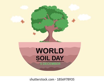 World Soil Day Vector Concept: Flying dirt planet with green tree and World Soil Day text