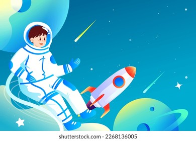 World Space Day, Astronaut travels in space with planet and universe in the background, vector illustration