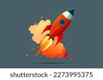 World space day, rocket launch into space with clouds in the background, vector illustration
