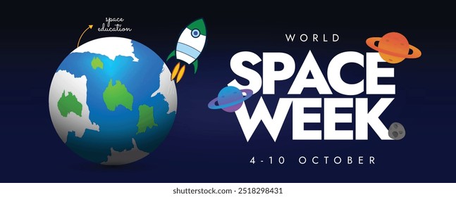 "World Space Week 4 to 10 October" (em inglês). Banner da cobertura da celebração da semana espacial com globo terrestre, nave espacial lançando-se a partir dele, planetas, estrelas ícones. A semana celebra as conquistas da humanidade, marcos no espaço