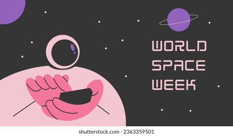 World Space Week. Astronaut uses a telephone in space. Flat vector illustration. Banner for the web.