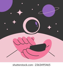 World Space Week. Astronaut uses a telephone in space. Flat vector illustration.