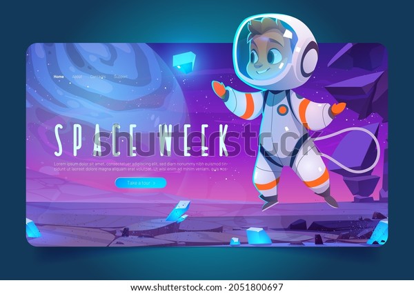 World space week banner with\
cute spaceman in cosmos. Vector landing page of international event\
with cartoon illustration of boy astronaut in spacesuit on alien\
planet