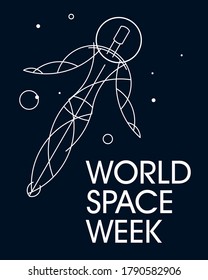 World Space Week. Festive poster. A stylish stylized man in a spacesuit soars in open space