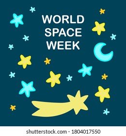 Ilustración vectorial dibujada a mano en la semana espacial mundial estilo doodle de dibujos animados estrellas de la luna texto turquesa