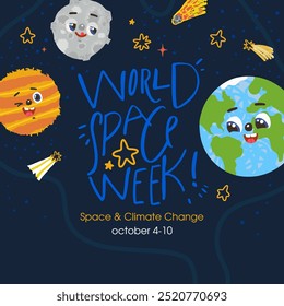 World Space Week. illustration with cute planets, stars in cosmos. October 4-10. 