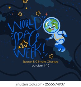 World Space Week. illustration with cute earth, stars in cosmos. October 4-10. 