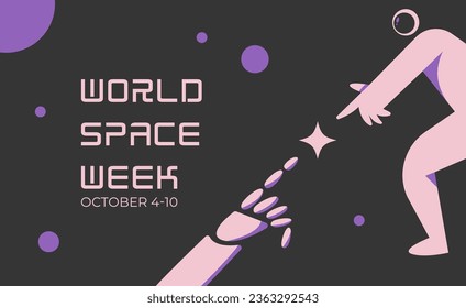 Semana Mundial del Espacio. 4 a 10 de octubre. Un astronauta colabora con un robot en la exploración del espacio. Ilustración vectorial plana. Cartel para la web.