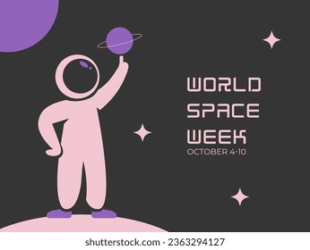 Weltraumwoche. 4.-10. Oktober. Ein Astronaut dreht den Saturn auf den Finger vor dem Hintergrund von Raum und Planeten. Flache Vektorgrafik. Banner für das Web.