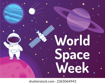 World Space Week. October 4-10. Holiday banner with planets, stars, satellites and waving astronaut. Vector illustration in cartoon style.