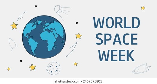 World Space Week. October. Template for background, banner, card, poster in doodle style. Vector illustration. 
