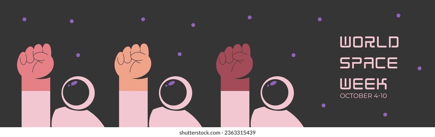 World Space Week. Three astronauts of different nationalities raised their fists in the air. Flat vector illustration. Banner for the web.