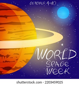 World Space Week. Vector illustration of a planet with rings on the background of a star galaxy. Social media posts in purple-orange sci-fi colors.