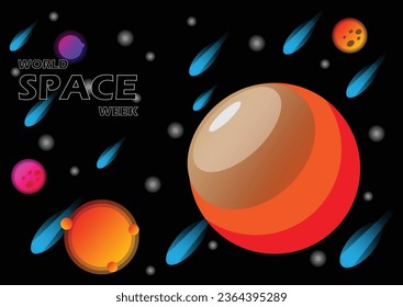 World Space Week.Banner,Plantilla de diseño de afiches para la celebración de la Semana Mundial del Espacio el 5 de octubre.Diseño de vectores Premium.Fondo morado azul negro
