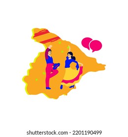 World Spanish Language Day.  Map Concept And Spanish Flag Elements With Typical Spanish Dance Design Flat Icons.  Vector Illustration. Perfect For Spanish Celebration Event Posters.