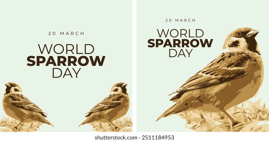 World Sparrow Day, held on 20 March. Vector illustration of the date of sparrows. Cute sparrow card for sparrow day.
