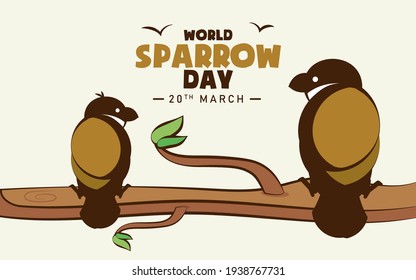 World Sparrow Day  poster, scenery of  birds sitting on tree branch cartoon illustration vector