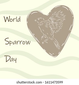 World Sparrow Day. Vector Green Background with sparrow in heart. Outline illustration.