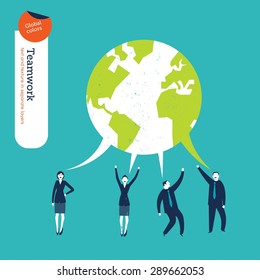 World speech bubble made from the dialog of businesspeople. Vector illustration Eps10 file. Global colors. Text and Texture in separate layers.