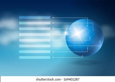 World sphere on cloudy blue sky. Infographic design template.