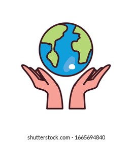 World sphere over hands fill style icon design, Planet continent earth globe ocen sea universe science and map theme Vector illustration