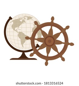 World sphere with rudder design Sea nautical ocean navigation travel underwater water and marine theme Vector illustration