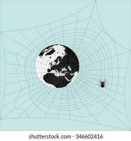 The world as a sphere in a spider's web. The world is in danger and trapped. Spider represents all the potential dangers and pitfalls. Vector