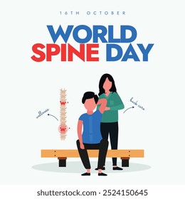 World Spine Day. 16th October Spine day celebration banner with inside view of spine of a patient with pain point, physiotherapist treating him. The day highlights the spinal care and treatments.