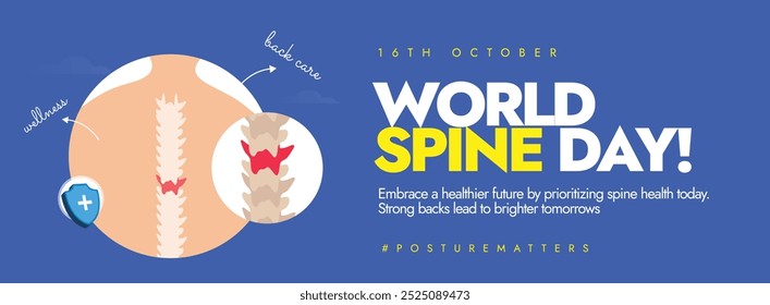 World Spine Day. 16th october Spine day celebration cover banner, post with an internal view of a spine with red spots highlighting pain points. The day highlights the spinal care and treatments.