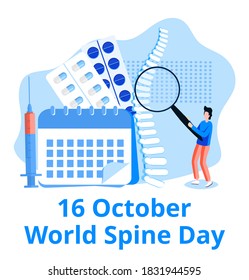 World spine day concept vector. Event is celebrated in 16 October. Skeleton and man with magnifier glass  are shown. 