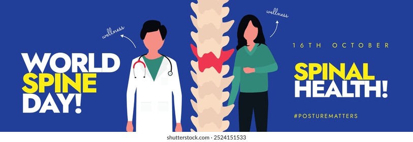 World Spine day cover banner, post. 16th October spine day celebration cover banner with a doctor, nurse character, inside view of spine. The day highlights burden of spinal disability around world.