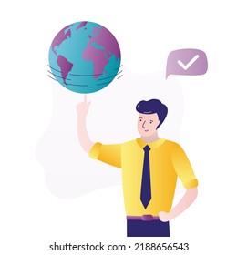 World spinning on index fingertip. Global business, network, world communication. Businessman or politician spinning planet earth on finger. Leadership, control of business processes. Closeup view.