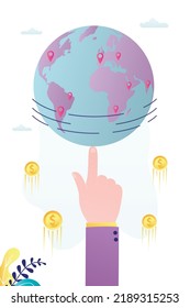World spinning on index fingertip. Global profitable business, world communication concept. Businessman or politician spinning planet earth on finger. Leadership, control of business processes. vector