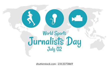 World sports journalist day with camera, microphone and running athlete icons in flat design