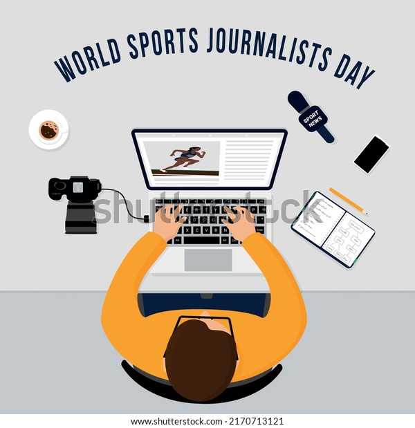 World Sports Journalists illustration, July, 2.\
Sport journalist writes an article on notebook and attaches photo\
from sport competitions.  Microphone, cup, notepad, phone, camera\
are on the desk.