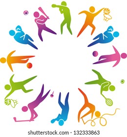 World of sports. Vector illustration of sports icons: basketball; soccer; tennis; boxing; wrestling; golf; baseball; gymnastics;