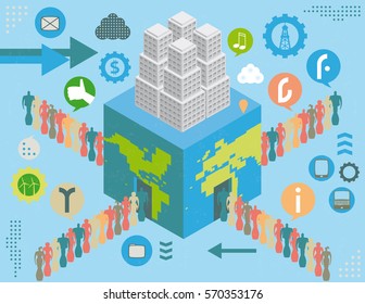 World square earth building overpopulation and migration concept with social media icons, infographics elements and grunge texture.