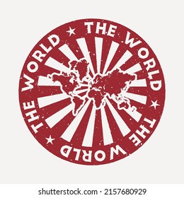 The World stamp. Travel red rubber stamp with the map of world, vector illustration. Can be used as insignia, logotype, label, sticker or badge.