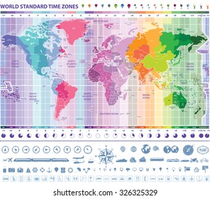 world standard time zones map with clocks, navigation and travel icons