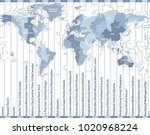 world standard time zones vector map with countries names and borders in blue color palette