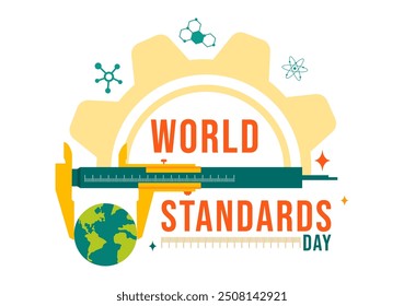 World Standards Day Vector Illustration on October 14 featuring a Globe, Stopwatch, Ruler Scale, and Quality Board in a Flat Style Cartoon Background