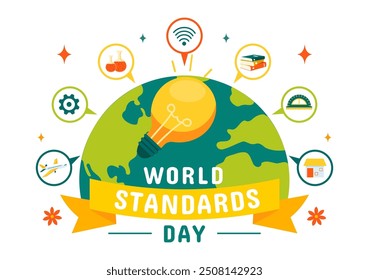 World Standards Day Vector Illustration on October 14 featuring a Globe, Stopwatch, Ruler Scale, and Quality Board in a Flat Style Cartoon Background